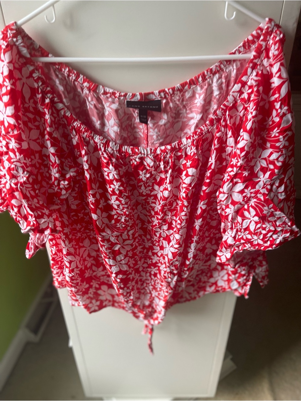 Lane Bryant Red and White Floral Off-Shoulder Tie-Hem Top